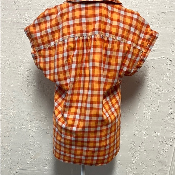 Eddie Bauer Orange white Plaid Button Up Cap Sleeve Blouse Top - Picture 3 of 8